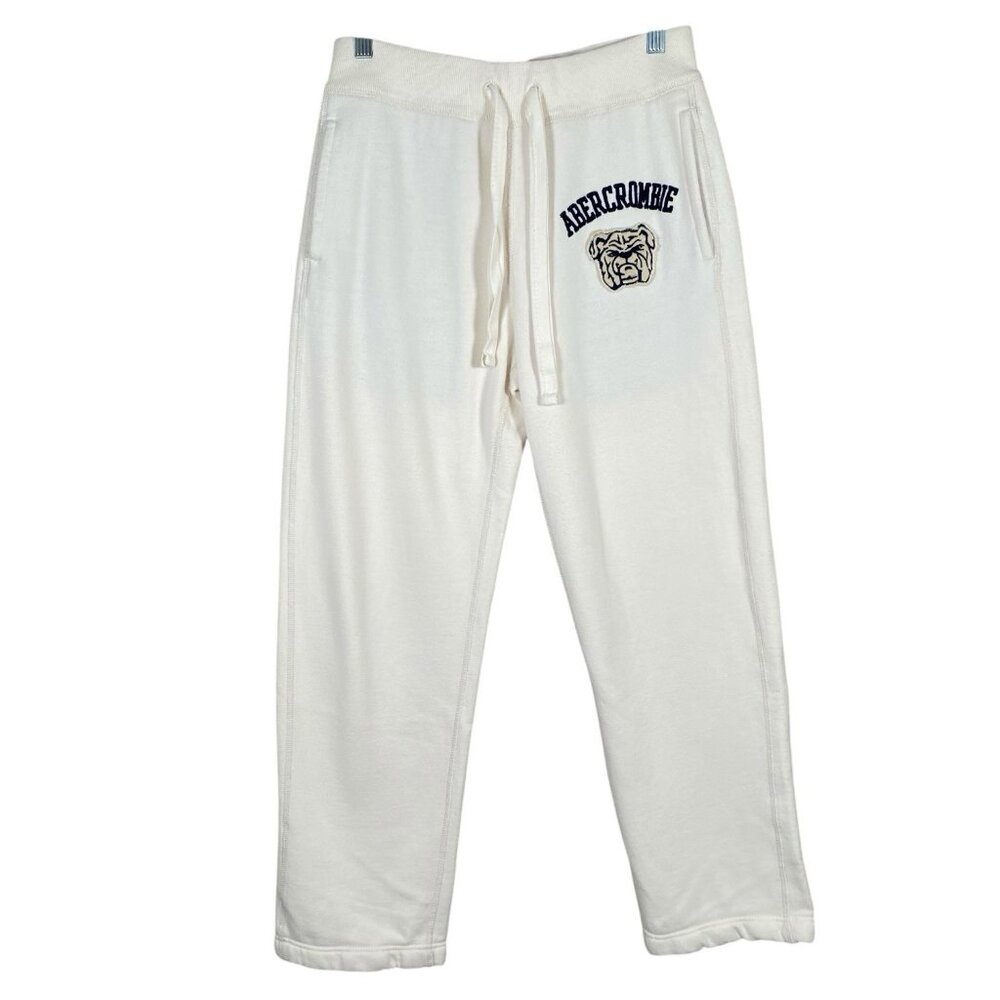Abercrombie & Fitch Sweatpants Womens Small Bulldog Patch Cream Drawstring Y2K